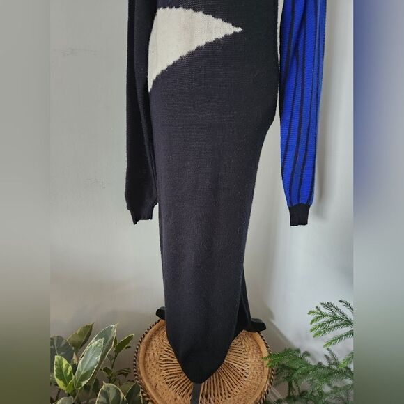 80s Black Knit Sweater Dress Maxi Colorblock Angora - Picture 5 of 9